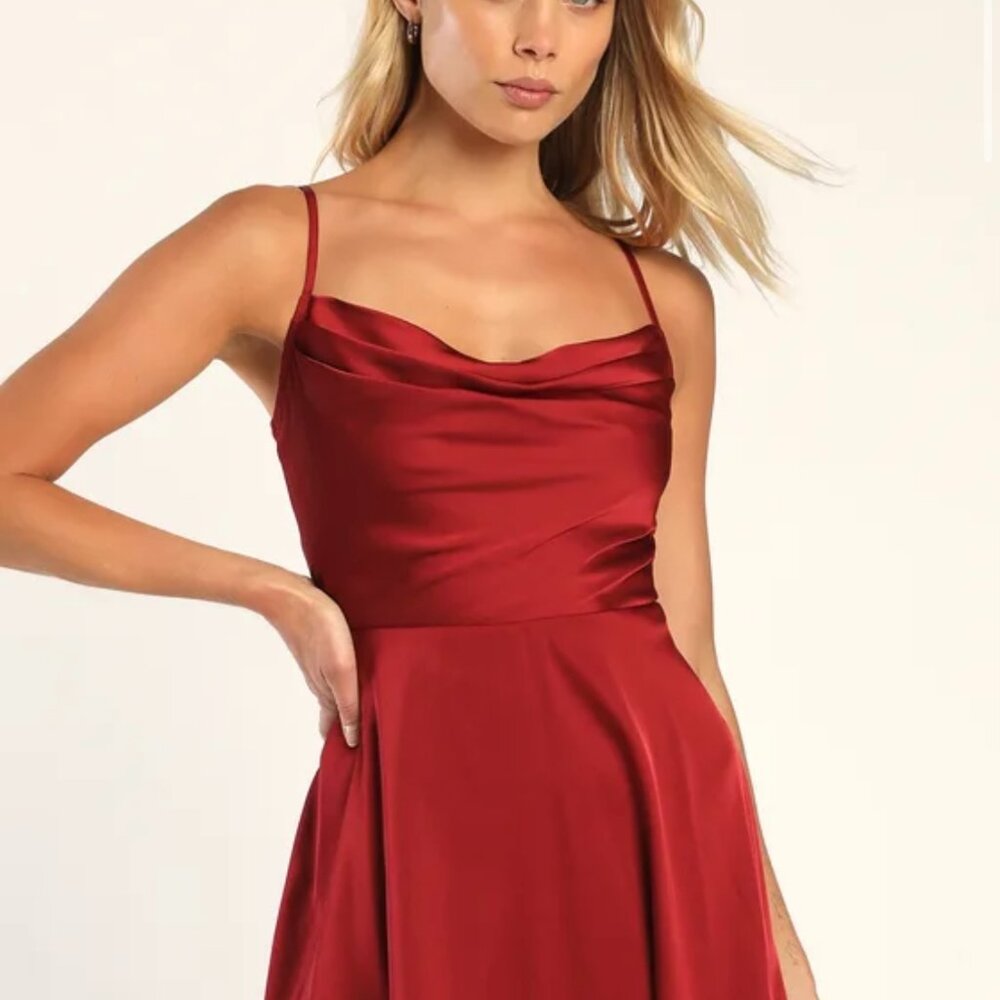 Fanciful Flirt Burgundy Satin Cowl Neck Skater Mini Dress Size Medium (M)